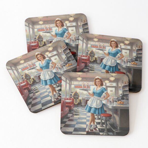 Item preview, Classic Blue Diner Waitress Pinup - Roller Skates, Jukebox & Milkshakes designed and sold by Art's Diner.