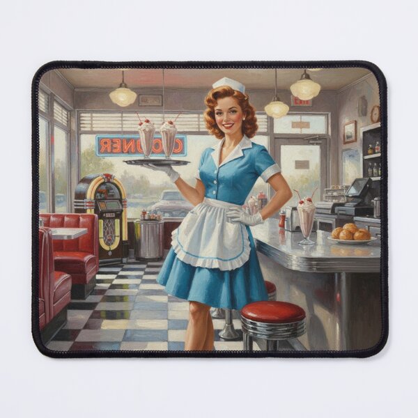 Item preview, Classic Blue Diner Waitress Pinup - Roller Skates, Jukebox & Milkshakes designed and sold by Art's Diner.