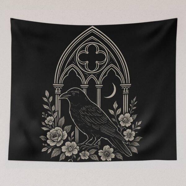 Item preview, Gothic Raven Art – Crow With Cathedral Window Illustration – Dark Floral Aesthetic Design designed and sold by Mouraludia.
