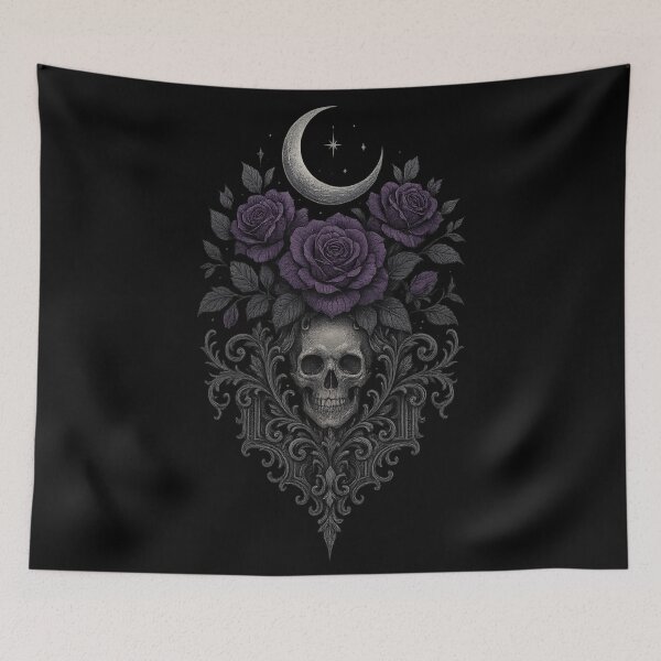 Item preview, Gothic Skull and Roses Art – Moonlit Floral Skull Illustration – Dark Aesthetic Design designed and sold by Mouraludia.