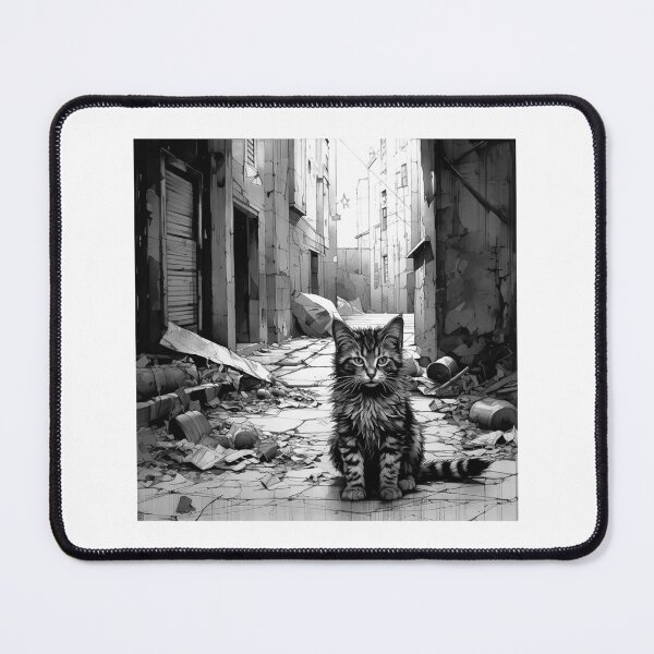 Item preview, Lonely Kitten in Ruins – Black and White Post-Apocalyptic Art designed and sold by inkoutninja.