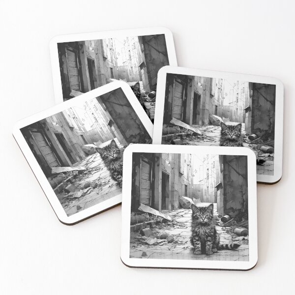 Item preview, Lonely Kitten in Ruins – Black and White Post-Apocalyptic Art designed and sold by inkoutninja.