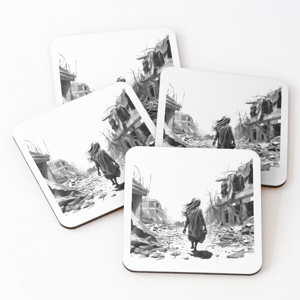 Item preview, Girl Walking Through Ruins – Black and White Post-War Art designed and sold by inkoutninja.