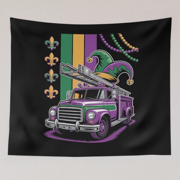 Item preview, American Flag Mardi Gras Fire Truck Wearing Jester Hat Beads designed and sold by Moxizz.