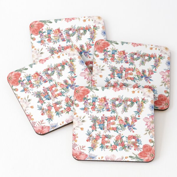Item preview, Happy New Year text made of colorful flower petals on white background for celebration and greeting designed and sold by PWDigitalArt.