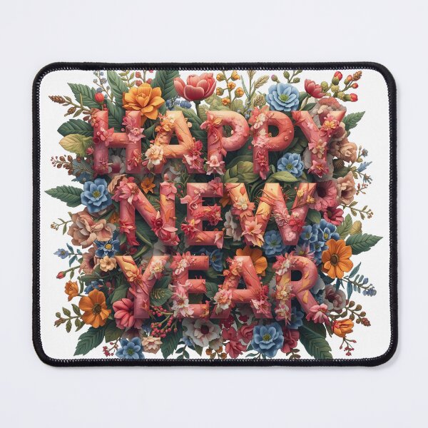 Item preview, Golden floral line art framing elegant script text Happy New Year on cream background flowers designed and sold by PWDigitalArt.