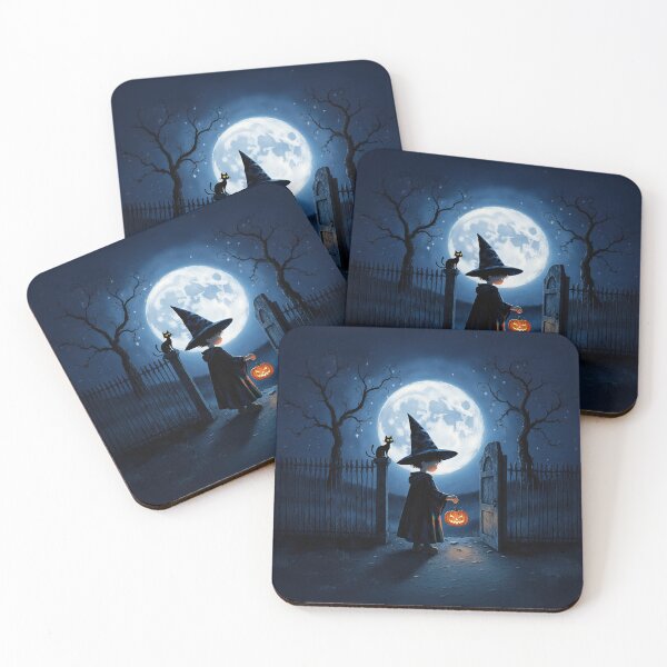Item preview, Moonlit Halloween Path – Little Witch & Black Cat Art Print designed and sold by Whimsical Hug.