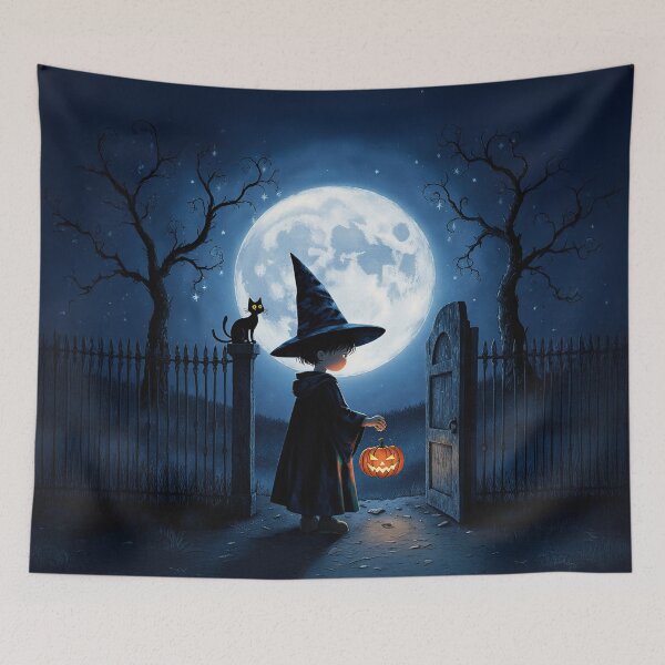 Item preview, Moonlit Halloween Path – Little Witch & Black Cat Art Print designed and sold by Whimsical Hug.