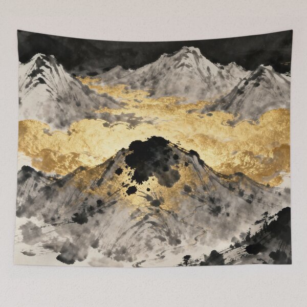 Item preview, Majestic Ink Mountains with Flowing Golden Mist designed and sold by zzz888.