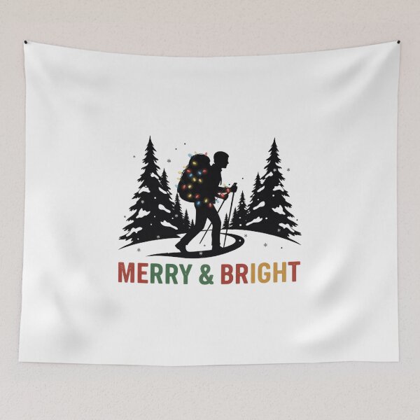 Item preview, Merry & Bright Festive Hiker T-Shirt - Snowy Mountain Silhouette Trail Lights Tee designed and sold by ZyxDes.