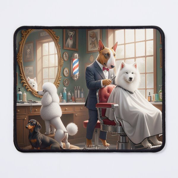 Item preview, Bull Terrier Barber cutting the Hair of a Happy Samoyed designed and sold by Huskyyy Designs.