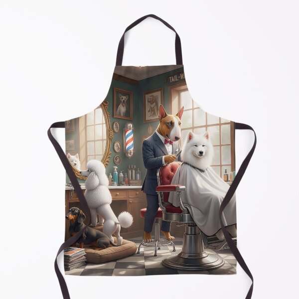Item preview, Bull Terrier Barber cutting the Hair of a Happy Samoyed designed and sold by Huskyyy Designs.