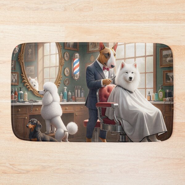 Item preview, Bull Terrier Barber cutting the Hair of a Happy Samoyed designed and sold by Huskyyy Designs.