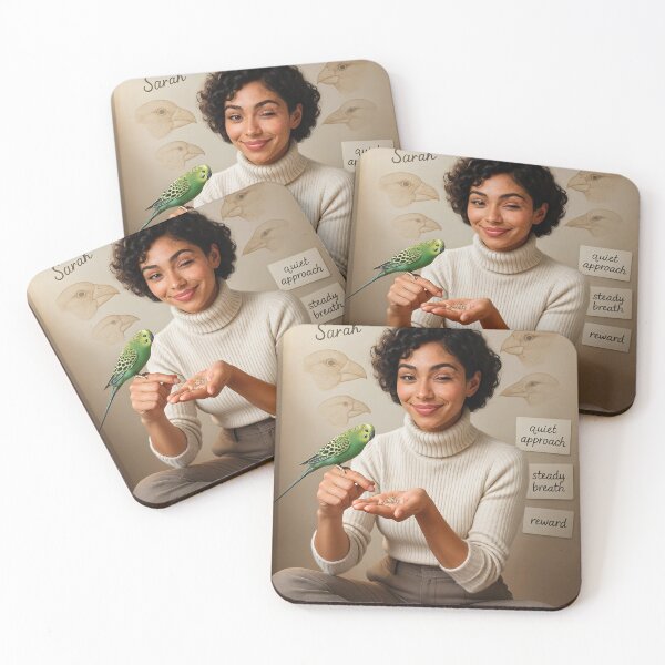 Item preview, Sarah in cream turtleneck hand feeding parakeet designed and sold by CathryneDelamort.