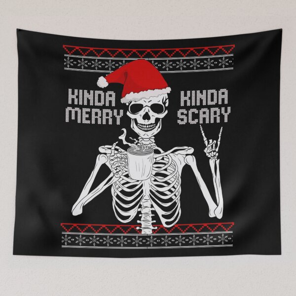 Item preview, Kinda Merry Kinda Scary Skeleton Drinking Coffee Rock Hand Sign designed and sold by GalenoHenley.