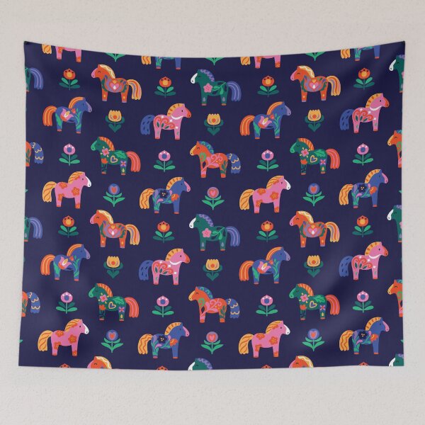 Item preview, Floral Dala Horses on navy designed and sold by PenguinHouse.