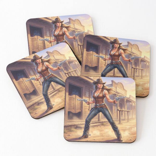 Item preview, Cool cowgirl with pistols in a fighting pose illustration fantasy art style designed and sold by Vintage Designs +.