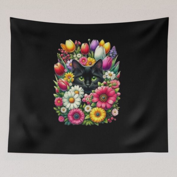 Item preview, Boho Cute Black Cat Hiding in Spring Flowers  designed and sold by MyzoToyota.