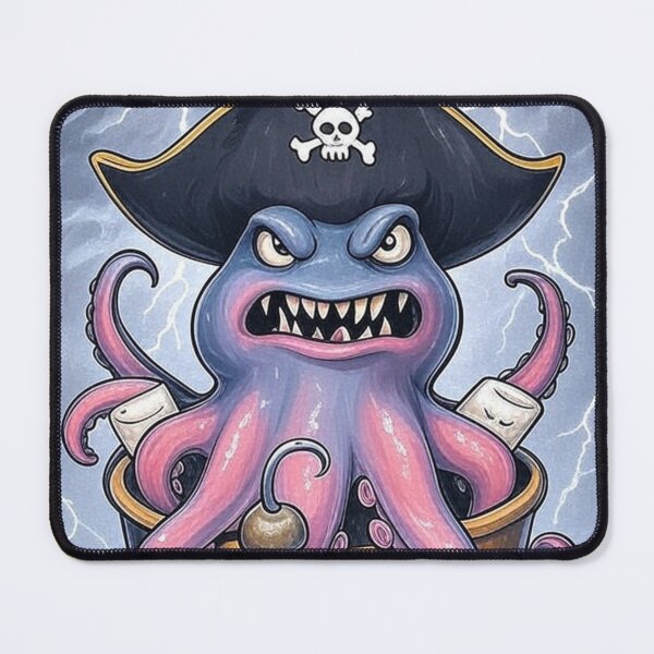 Item preview, grumpy blue and pink pirate octopus in a giant coffee cup floating in the ocean designed and sold by octozap.