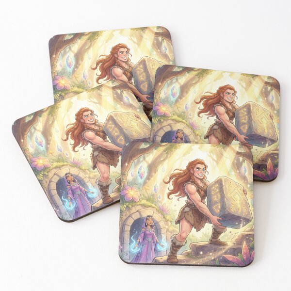 Item preview, Una fuerte mujer bárbara que lleva una gran piedra para mostrar su fuerza, ilustración en estilo de arte fantástico. designed and sold by Vintage Designs +.