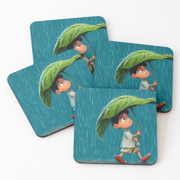 Item preview, Young Boy Walking in Rain with Leaf Umbrella designed and sold by Artessie.