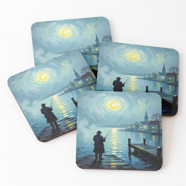 Item preview, Moonlight Fishing Scene with Village Glow - Peaceful Night Reflections & Storyrich Lake Atmosphere designed and sold by FotoworldEdel.