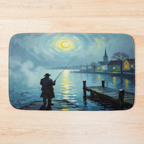 Item preview, Moonlight Fishing Scene with Village Glow - Peaceful Night Reflections & Storyrich Lake Atmosphere designed and sold by FotoworldEdel.