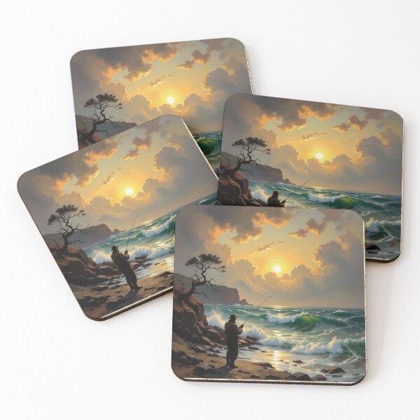 Item preview, Sunset Fishing on the Rocky Beach - Golden Light, Windswept Tree & Peaceful Coastal Vibes designed and sold by FotoworldEdel.