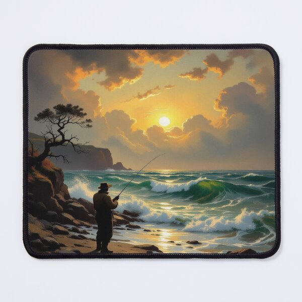 Item preview, Sunset Fishing on the Rocky Beach - Golden Light, Windswept Tree & Peaceful Coastal Vibes designed and sold by FotoworldEdel.