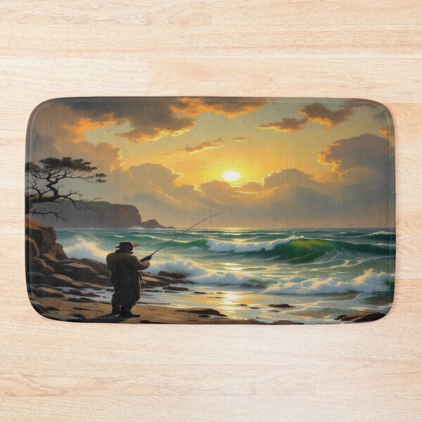 Item preview, Sunset Fishing on the Rocky Beach - Golden Light, Windswept Tree & Peaceful Coastal Vibes designed and sold by FotoworldEdel.