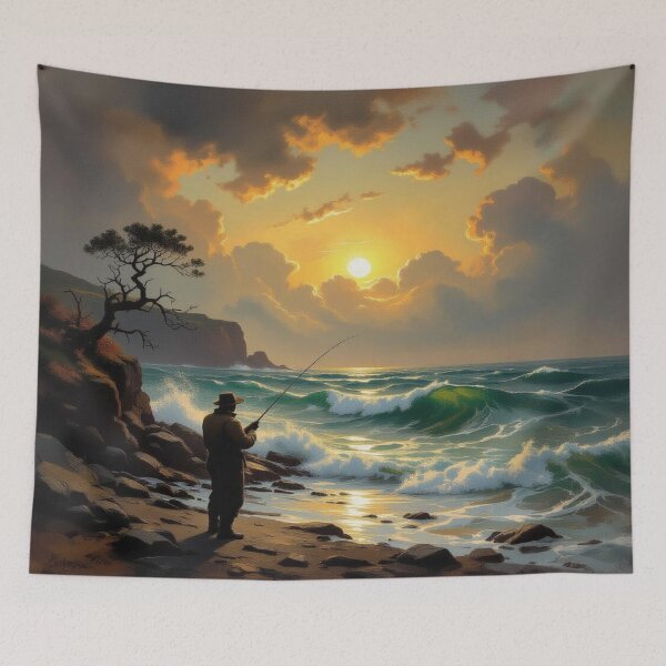 Item preview, Sunset Fishing on the Rocky Beach - Golden Light, Windswept Tree & Peaceful Coastal Vibes designed and sold by FotoworldEdel.