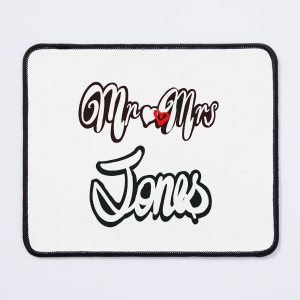 Item preview, Mr Mrs Jones Personalised mister mistress for wedding anniversary newly wed Valentine’s Day wife husband, couple. Romantic White cursive text on black background with love heart designed and sold by Artonmytee.