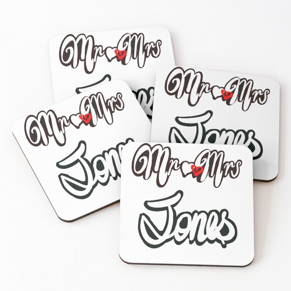 Item preview, Mr Mrs Jones Personalised mister mistress for wedding anniversary newly wed Valentine’s Day wife husband, couple. Romantic White cursive text on black background with love heart designed and sold by Artonmytee.