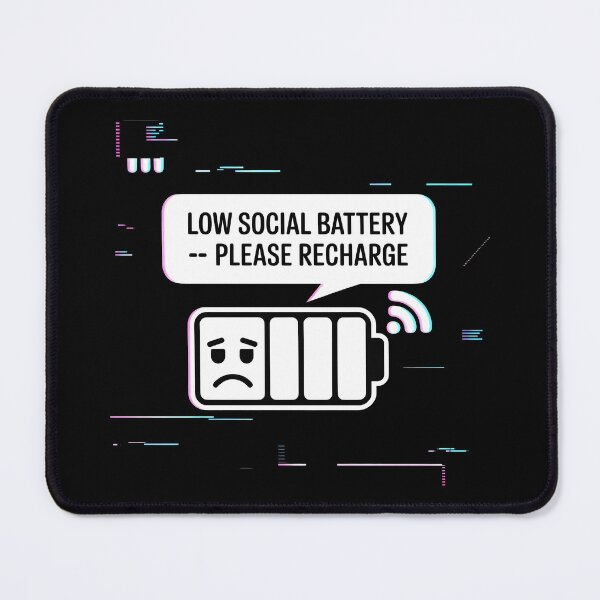 Item preview, Low Social Battery Glitch Design with Sad Icon and Recharge Message designed and sold by SplashTastic.