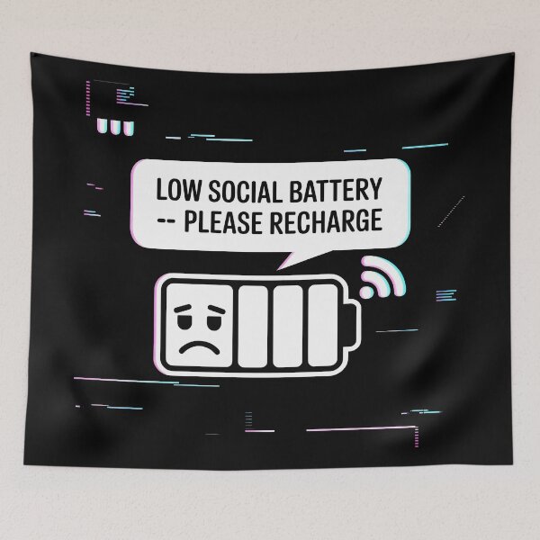 Item preview, Low Social Battery Glitch Design with Sad Icon and Recharge Message designed and sold by SplashTastic.