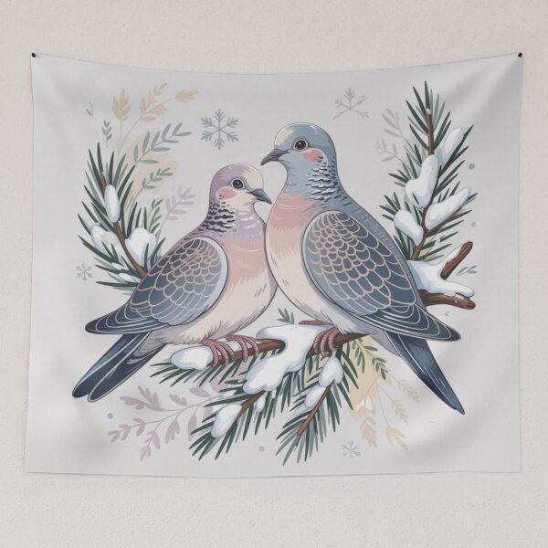 Item preview, Two turtle doves sitting together on a snowy branch designed and sold by 123ks.