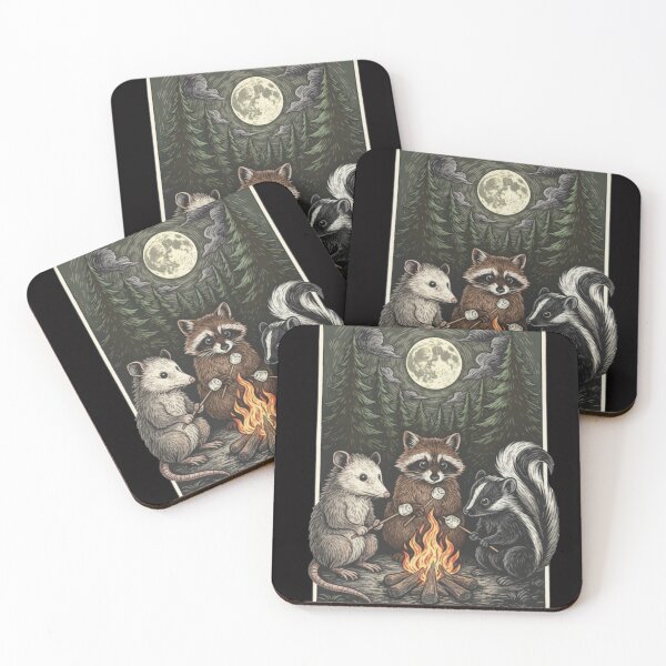 Item preview, Vintage Camping Animals, Retro Funny Raccoon Opossum and Skunk by Campfire, Cute Night Wildlife, Nature Lover Gift designed and sold by DesignDenDo ⭐⭐⭐⭐⭐.