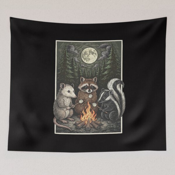 Item preview, Vintage Camping Animals, Retro Funny Raccoon Opossum and Skunk by Campfire, Cute Night Wildlife, Nature Lover Gift designed and sold by DesignDenDo ⭐⭐⭐⭐⭐.