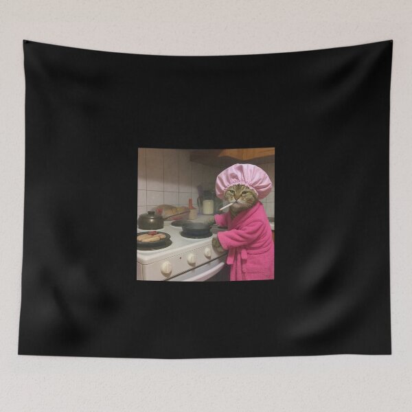 Item preview, Housewife Cat Cooking Meme | Cozy Pink Robe Cat Art | Funny Kitchen Humor Design designed and sold by love3617.