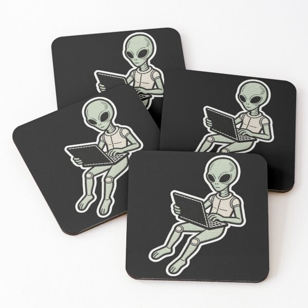 Item preview, Embroidered Patch Style Grey Alien Working on Laptop | ET Coding and Sci-Fi Tech Design designed and sold by Cherrydora.