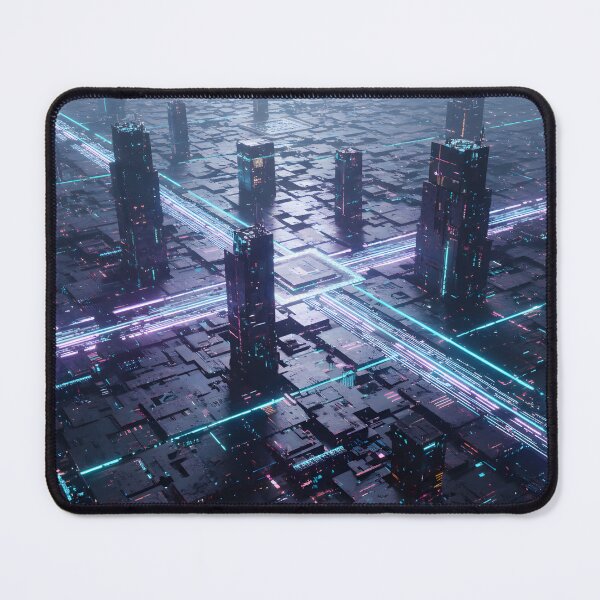 Item preview, Neon-lit futuristic cityscape with glowing pathways and towering structures designed and sold by homydesign.