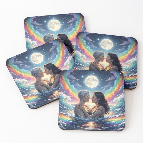Item preview, Fierce, tender portrait of two mermaids holding each other amid rainbow-tinted surf designed and sold by Elando1212.