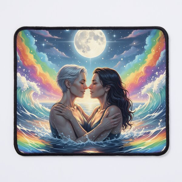 Item preview, Fierce, tender portrait of two mermaids holding each other amid rainbow-tinted surf designed and sold by Elando1212.