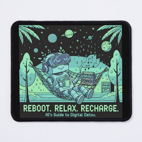 Item preview, REBOOT. RELAX. RECHARGE. | AI's Guide to Digital Detox Vibe | Lo-Fi Robot in Hammock with VR Headset designed and sold by SergioMiklos.