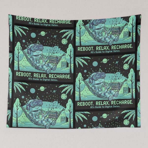 Item preview, REBOOT. RELAX. RECHARGE. | AI's Guide to Digital Detox Vibe | Lo-Fi Robot in Hammock with VR Headset designed and sold by SergioMiklos.