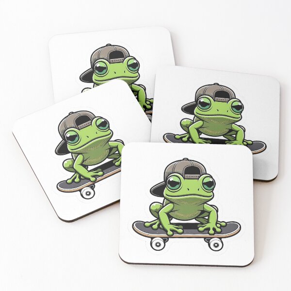 Item preview, Cute green frog doing a kickflip on a skateboard, wearing a backwards baseball cap, dynamic action pose designed and sold by The Mix Tape.