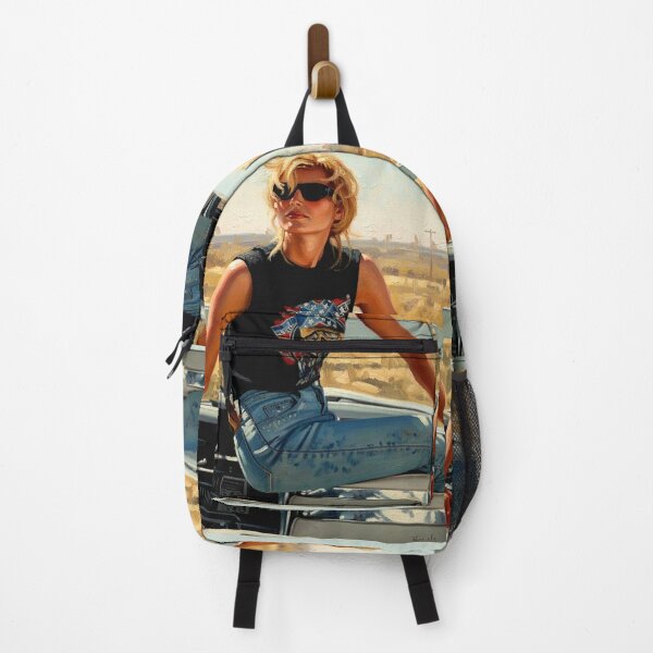 Artikelvorschau, Actionreiche Rebellin in der Wüste | Porträt auf einem Roadtrip im Cabrio der 90er | Vintage-Muskelshirt entworfen und verkauft von Art's Diner.