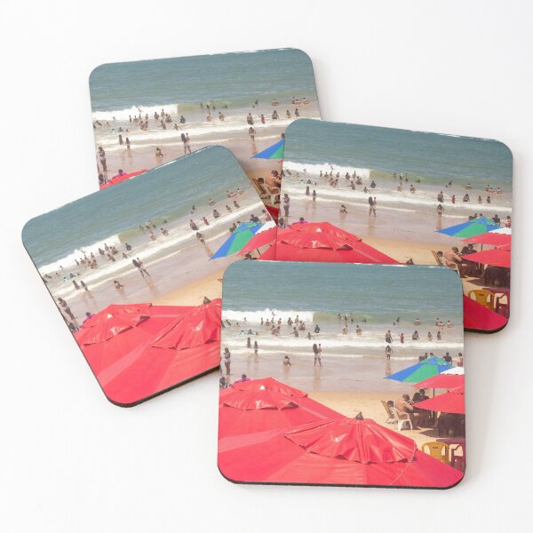 Item preview, red umbrellas on a crowded beach designed and sold by felipequeiroz.