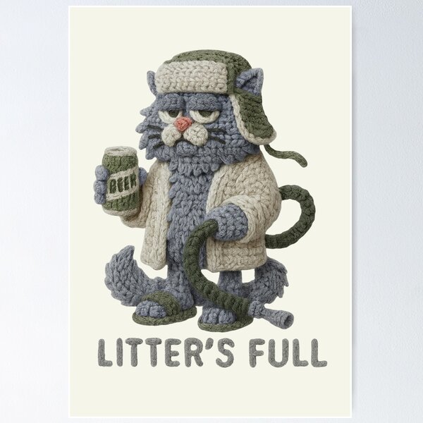 Item preview, Litter's Full Cat Drinking Beer Vintage Faux Yarn Crochet designed and sold by SunfullyYours.