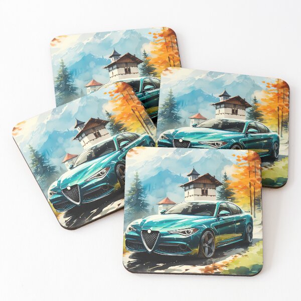 Item preview, Sports car cruising past alpine village in autumn designed and sold by RevUpDesign.
